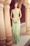 Shop_Aariyana Couture_Green Dress Viscose Georgette Hand Embroidery Floral Side Cut-out With Jacket _Online_at_Aza_Fashions