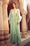 Shop_Aariyana Couture_Green Dress Viscose Georgette Hand Embroidery Floral Side Cut-out With Jacket 