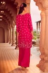 Aariyana Couture_Pink Silk Organza Hand Embroidery Floral V Neck Kurta With Pant _Online_at_Aza_Fashions