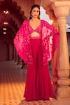 Buy_Aariyana Couture_Pink Cape Silk Organza Hand Embroidery Floral Bustier V Neck And Sharara Set _at_Aza_Fashions