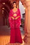 Buy_Aariyana Couture_Pink Cape Silk Organza Hand Embroidery Floral Bustier V Neck And Sharara Set _Online_at_Aza_Fashions