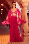 Shop_Aariyana Couture_Pink Cape Silk Organza Hand Embroidery Floral Bustier V Neck And Sharara Set _Online_at_Aza_Fashions