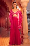 Shop_Aariyana Couture_Pink Cape Silk Organza Hand Embroidery Floral Bustier V Neck And Sharara Set _at_Aza_Fashions