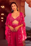 Aariyana Couture_Pink Cape Silk Organza Hand Embroidery Floral Bustier V Neck And Sharara Set _at_Aza_Fashions