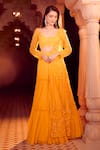 Buy_Aariyana Couture_Yellow Bustier And Jacket Net Embroidery Leaf Pleated Lehenga Set With Half _at_Aza_Fashions