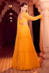 Aariyana Couture_Yellow Bustier And Jacket Net Embroidery Leaf Pleated Lehenga Set With Half _Online_at_Aza_Fashions