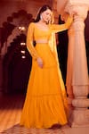 Buy_Aariyana Couture_Yellow Bustier And Jacket Net Embroidery Leaf Pleated Lehenga Set With Half _Online_at_Aza_Fashions