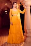 Shop_Aariyana Couture_Yellow Bustier And Jacket Net Embroidery Leaf Pleated Lehenga Set With Half _at_Aza_Fashions