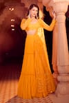 Aariyana Couture_Yellow Bustier And Jacket Net Embroidery Leaf Pleated Lehenga Set With Half _at_Aza_Fashions