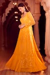 Shop_Aariyana Couture_Yellow Bustier And Jacket Net Embroidery Leaf Pleated Lehenga Set With Half 