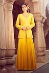 Buy_Aariyana Couture_Yellow Jacket Silk Organza Hand Embroidery Floral V Neck And Sharara Set _at_Aza_Fashions