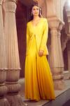 Shop_Aariyana Couture_Yellow Jacket Silk Organza Hand Embroidery Floral V Neck And Sharara Set _at_Aza_Fashions