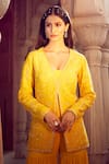 Buy_Aariyana Couture_Yellow Jacket Silk Organza Hand Embroidery Floral V Neck And Sharara Set 