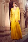 Aariyana Couture_Yellow Jacket Silk Organza Hand Embroidery Floral V Neck And Sharara Set _Online