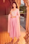 Buy_Aariyana Couture_Peach Dupatta Viscose Organza Hand Embroidery Floral Bloom Anarkali Pant Set _at_Aza_Fashions