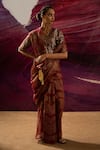 Buy_BANANA labs_Maroon Cotton Handblock Printed Wavy V-neck Saree With Blouse _at_Aza_Fashions