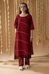 Buy_BANANA labs_Maroon Cotton Handblock Printed Line Scoop Patterned Applique Kurta Pant Set _Online_at_Aza_Fashions