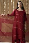 Buy_BANANA labs_Maroon Cotton Handblock Printed Line Scoop Patterned Applique Kurta Pant Set 