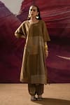 Shop_BANANA labs_Brown Cotton Handblock Printed Line Scoop Weave Kurta Pant Set _at_Aza_Fashions