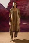 Buy_BANANA labs_Brown Cotton Handblock Printed Line Kurta U Neck Cape _at_Aza_Fashions