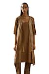 Buy_BANANA labs_Brown Cotton Handblock Printed Line Kurta U Neck Cape 