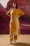 Buy_BANANA labs_Yellow Cotton Handblock Printed Line U-neck Kurta Pant Set _at_Aza_Fashions