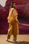 Shop_BANANA labs_Yellow Cotton Handblock Printed Line U-neck Kurta Zari Dupatta Set _at_Aza_Fashions