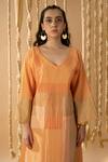 Buy_BANANA labs_Orange Cotton Handblock Printed Line Dress V-neck Weave With Shrug _Online_at_Aza_Fashions