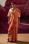 Buy_BANANA labs_Peach Cotton Handblock Printed Wavy V-neck Saree With Blouse _at_Aza_Fashions