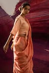 Shop_BANANA labs_Peach Cotton Handblock Printed Wavy V-neck Saree With Blouse _Online_at_Aza_Fashions