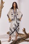 Kamaali Pret_White Cupro Bemberg Slub Satin Printed Elephant Plunge V Bigfoot Capelet _Online_at_Aza_Fashions