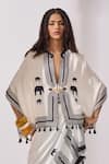 Buy_Kamaali Pret_White Cupro Bemberg Slub Satin Printed Elephant Plunge V Bigfoot Capelet _Online_at_Aza_Fashions