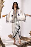 Kamaali Pret_White Cupro Bemberg Slub Satin Printed Elephant Plunge V Bigfoot Capelet _at_Aza_Fashions