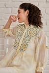 Shop_Khamaj India_Yellow Top Chanderi Hand Embroidered Floral Ruffle Bay With Pant _Online_at_Aza_Fashions