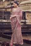 Buy_Nitika Gujral_Maroon Net Embroidery Floral Spread V Neck Antique Kasab Saree And Blouse Set _Online_at_Aza_Fashions