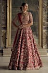 Buy_Nitika Gujral_Red Raw Silk Embroidery Floral Plunge Neck Bloom Bridal Lehenga Set _at_Aza_Fashions