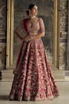 Nitika Gujral_Red Raw Silk Embroidery Floral Plunge Neck Bridal Lehenga Set _Online_at_Aza_Fashions