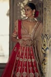 Shop_Nitika Gujral_Red Raw Silk Embroidered Dori Plunge Bridal Lehenga Set _Online_at_Aza_Fashions