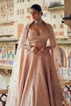 Buy_Nitika Gujral_Peach Taffeta Silk Embroidered Kasab Jaali Dabka Combination Bridal Lehenga Set 