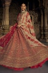 Nitika Gujral_Red Raw Silk Embroidered Dori Plunge Chevron Vine Dabka Bridal Lehenga Set _Online_at_Aza_Fashions