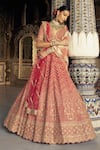 Shop_Nitika Gujral_Red Raw Silk Embroidered Dori Plunge V-neck Chevron Vine Bridal Lehenga Set _Online_at_Aza_Fashions