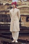 Buy_Nitika Gujral_Beige Raw Silk Embroidered Nakshi Geometric Floral Sherwani And Kurta Set _at_Aza_Fashions