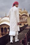 Shop_Nitika Gujral_Ivory Raw Silk Embroidered Thread Geometric Pattern Sherwani And Choga Set _at_Aza_Fashions