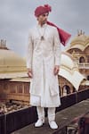 Nitika Gujral_Ivory Raw Silk Embroidered Thread Geometric Pattern Sherwani And Choga Set _Online_at_Aza_Fashions