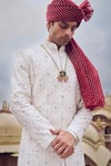 Buy_Nitika Gujral_Ivory Raw Silk Embroidered Thread Geometric Pattern Sherwani And Choga Set _Online_at_Aza_Fashions