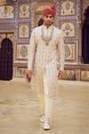 Buy_Nitika Gujral_Beige Raw Silk Embroidered Kasab Sherwani Set _at_Aza_Fashions