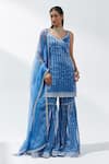 Buy_PRIYAL PRAKASH_Blue Kurta And Gharara Chanderi Woven Stripe Leaf Neck Set _at_Aza_Fashions