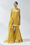 Buy_PRIYAL PRAKASH_Yellow Kurta And Gharara Chanderi Woven Stripe Leaf Neck Linear Set _at_Aza_Fashions