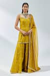 Buy_PRIYAL PRAKASH_Yellow Kurta And Sharara Chanderi Embroidery Gota Patti Sweetheart Neck Set _at_Aza_Fashions