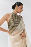 Buy_PRIYAL PRAKASH_Beige Saree Silk Organza Embroidery Sequin Halter Neck With Blouse _Online_at_Aza_Fashions